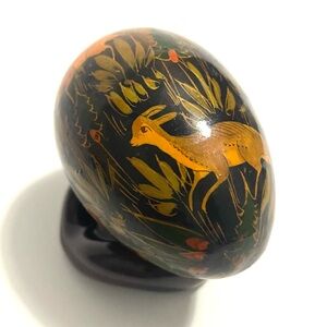Hand-Painted Lacquered Black & Gold Russian Folk Art Egg with Deer Motif